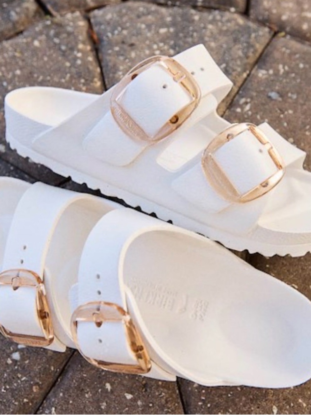 Birkenstock White Slide Sandals with Gold Buckles